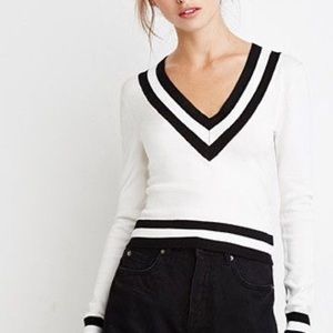 White & Black Varsity Cropped Sweater